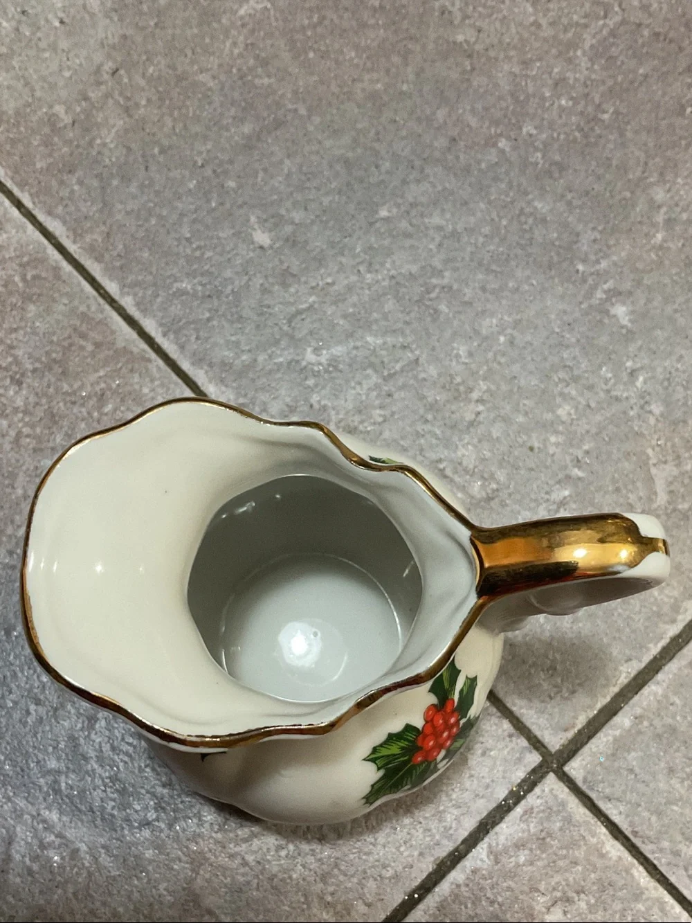 Lefton White Ceramic Pitcher & Saucer with Red Holly Berries and Green Leaves